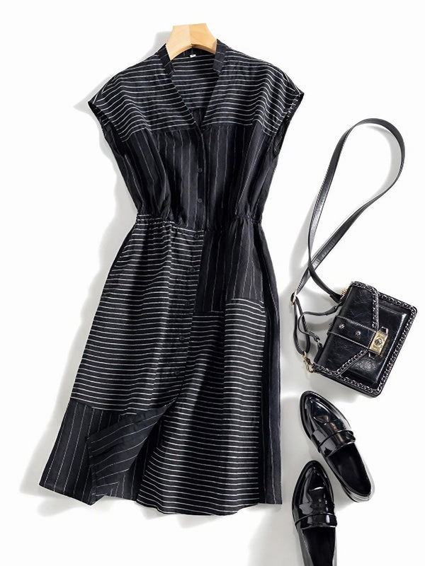 Casual Cotton And Linen Striped Shirt Dress